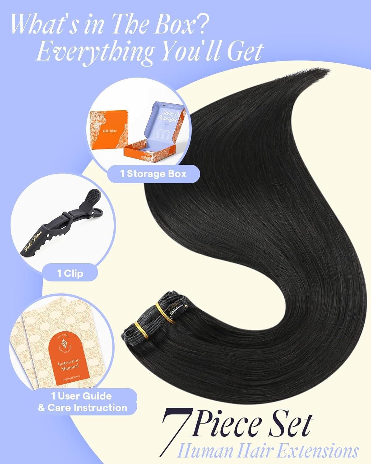 imageFull Shine Clip in Hair Extensions Human Hair Black 24 Inch Clip in Extensions Real Human Hair for Volume Full Head Triple Weft 7Pcs 150g