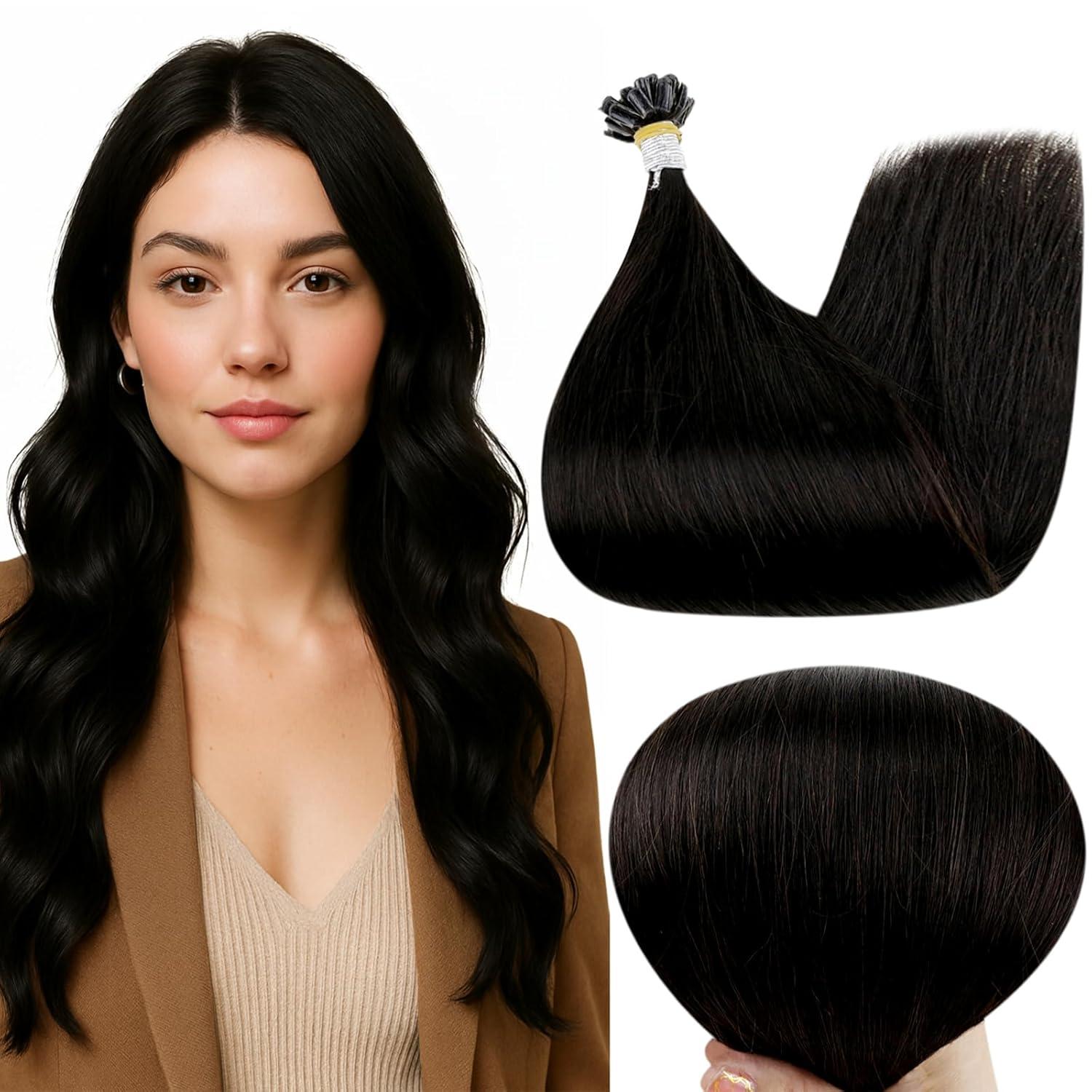 imageFull Shine U Tip Hair Extensions Human Hair 22 Inch Jet Black 50 Grams Keratin Hair Extensions Real Human Hair for Women Fusion Extensions Long Straight Hair add Length1Utip 1B natural black