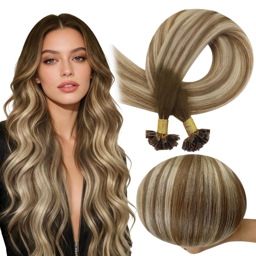imageFull Shine U Tip Hair Extensions Human Hair 22 Inch Jet Black 50 Grams Keratin Hair Extensions Real Human Hair for Women Fusion Extensions Long Straight Hair add Length4KtipT3822 dark brown ombre to light brown and blonde