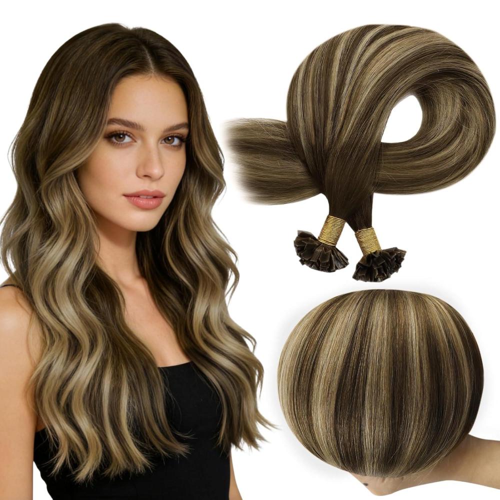 imageFull Shine U Tip Hair Extensions Human Hair 22 Inch Jet Black 50 Grams Keratin Hair Extensions Real Human Hair for Women Fusion Extensions Long Straight Hair add Length4KtipT4244 middle brown with blonde balayage