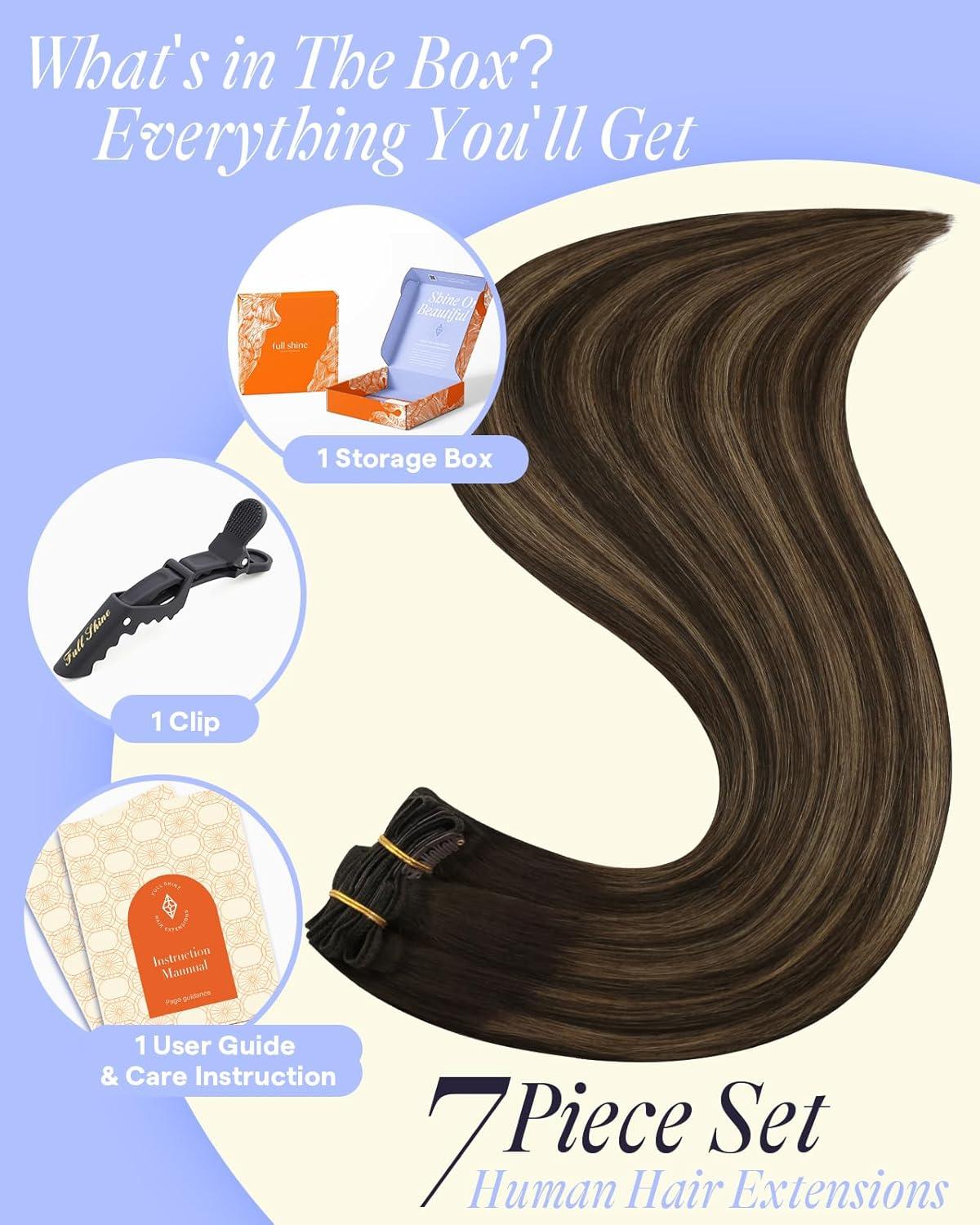 imageFull Shine Thick Human Hair Clip in Extensions Balayage 22 Inch Dark Brown to Ash Brown Real Hair Extensions 7Pcs 150g Fullness for Daily Wear